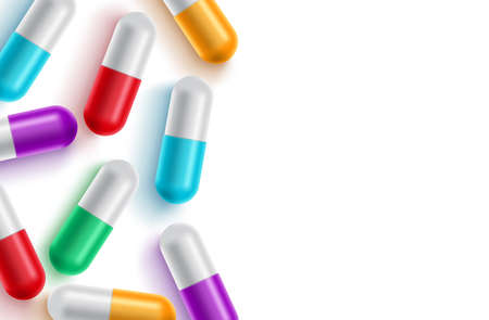 Medicine capsule vector background template. Medicine capsule and colorful drug pills with empty white space for text for medical prescriptions design background. Vector illustration.のイラスト素材