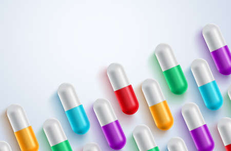 Capsule drug medicine vector background. Colorful medication capsules in white background for pharmacy and medical design background. Vector illustration.のイラスト素材