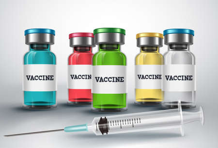 Vaccines bottle vector design. Vaccination medicine and syringe vaccine injection for covid-19 corona virus antiviral immunization treatment. Vector illustration.のイラスト素材