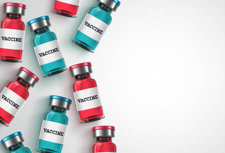Vaccine bottles vector background template. Vaccine bottle and white empty space for text, background template for covid-19 coronavirus  vaccination and immunization medical treatment. Vector illustration.のイラスト素材