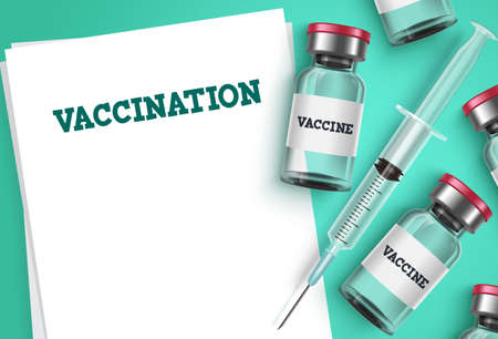 Vaccination vector background template. Vaccine shot, syringe injection and empty blank prescription paper with vaccination text for covid-19 coronavirus immunization and prescription. Vector illustration.のイラスト素材