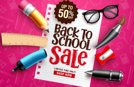 Back to school sale vector banner. Back to school sale discount text in white paper with educational elements & objects in colorful pink pattern background for education promotion. Vector illustration.のイラスト素材
