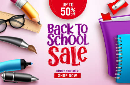 Back to school sale vector banner design. Back to school sale discount text in white space with colorful education elements, objects and items for educational promotional design. Vector illustration.のイラスト素材