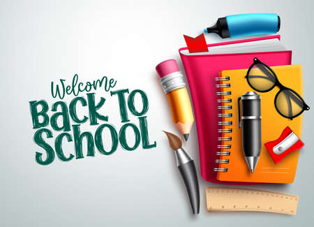 Back to school vector background. Welcome back to school text in white empty space with colorful education supplies, elements and items for educational and learning designs. Vector illustration.のイラスト素材