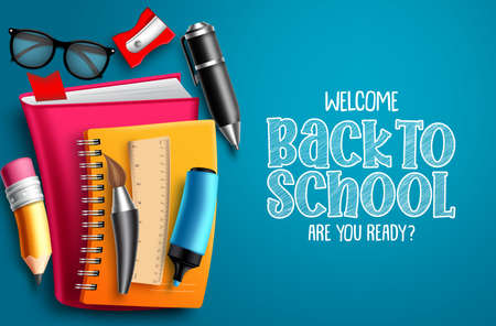 Back to school vector banner background. Welcome back to school text in blue empty space and colorful education elements, items and supplies for educational and kids learning. Vector illustration.のイラスト素材