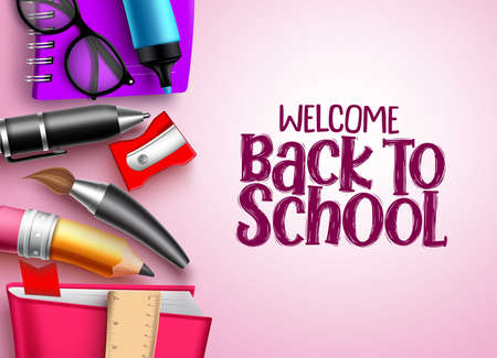 Welcome back to school vector background template. Back to school text in white blank space with colorful educational supplies, elements & objects for education & learning designs. Vector illustrationのイラスト素材