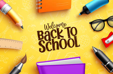 Back to school education banner. Back to school welcome text with colorful educational supplies, elements and items in yellow pattern background for kids learning designs. Vector illustration.のイラスト素材
