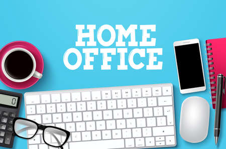 Home office desk vector background. Home office text with freelance elements in blue background for remote business workplace design template. Vector illustration.のイラスト素材