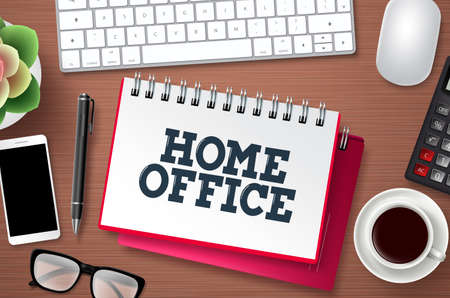 Home office work vector banner template. Home office text in white space with freelancing elements for remote online computer business workplace. Vector illustration.のイラスト素材