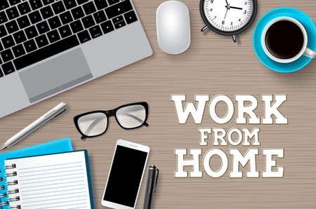Work from hoome desk vector background. Work from home text with remote online business elements forfreelance internet global job in brown wood background. Vector illustration.のイラスト素材
