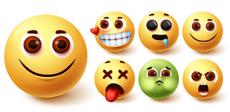 Smileys emoji vector set. Smiley emojis cute yellow face in happy, in love, hungry, tired, angry and vomit mood and feelings for character emoticon elements design. Vector illustrationのイラスト素材