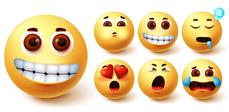 Smiley emoji vector set. Emojis yellow cute face with happy, in love, sleepy, vomit and crying mood facial expressions for character collection design. Vector illustrationのイラスト素材