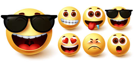 Emoji smiley vector set. Cute yellow smileys face with different feelings and facial expressions like happy in sunglasses, hungry, surprise, in love and sad for emoticon avatar collection. Vector illustrationのイラスト素材
