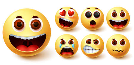 Emojis smiley vector set. Emoji smileys cute yellow face with happy, crying, angry, surprise and in love facial expression for avatar character design element. Vector illustrationのイラスト素材