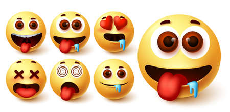 Emojis smiley emoticon vector set. Emoji avatar character face in hungry, silly, in love, happy and dizzy feelings and emotion for sign and symbol design element. Vector illustrationのイラスト素材