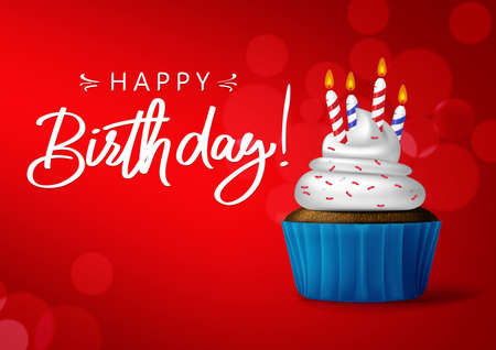 Birthday cupcake vector background banner design. Happy birthday typography in red empty space for messages with sweet cupcake and candle light element for birthday party greeting card. Vectorのイラスト素材