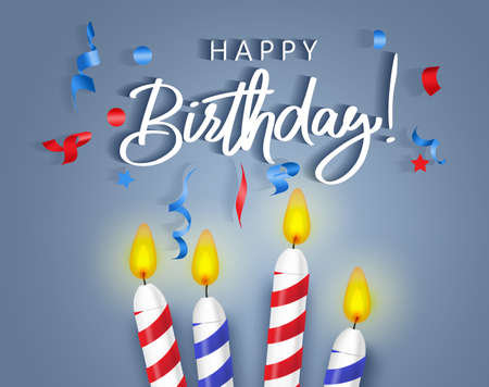 Birthday candles vector background banner design. Happy birthday typography greeting text with colorful candle light and confetti elements for party celebration invitation card. Vector illustrationのイラスト素材