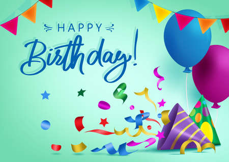 Happy birthday vector background banner design. Happy birthday greeting text for kids party celebration with colorful elements like balloon, hat, pennant and confetti. Vector illustrationのイラスト素材