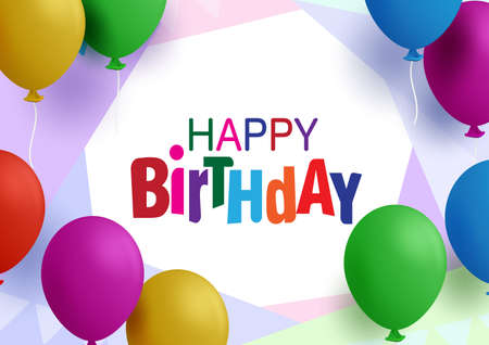 Birthday balloons vector banner template. Happy birthday greeting text in white empty space for messages and colorful party balloon decoration elements for birthday invitation card. Vectorのイラスト素材