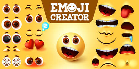 Emojis smiley creator happy vector set. Emoji maker character kit with editable facial expressions, feelings and emotion for sign and symbol design element. Vector illustrationのイラスト素材