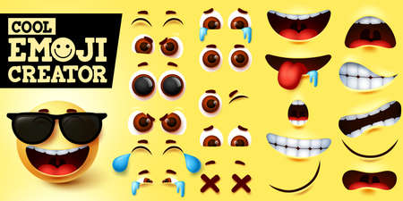 Cool emoji smiley creator vector set. Smiley emojis maker in cool happy face with sunglasses and editable facial expression for emoticon design element. Vector illustrationのイラスト素材