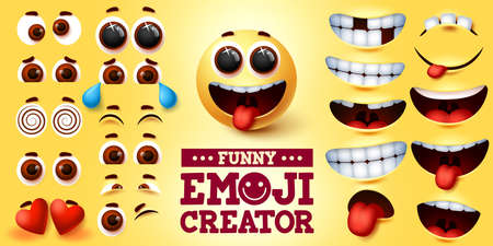 Funny emoji smiley vector creator set. Smiley emojis kit in funny faces with editable facial expression for emoticon sign and symbol design element. Vector illustrationのイラスト素材