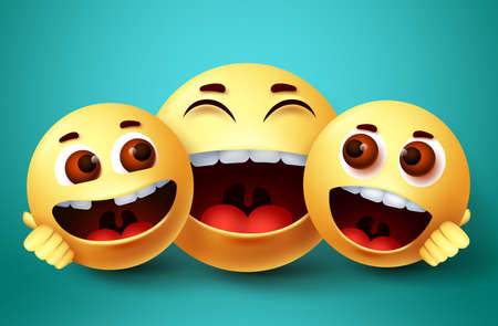 Smiley emoji happy family characters vector design. Emoji smiley of parent and kids happy bonding with hugs and loving gesture in green background. Vector illustration.のイラスト素材