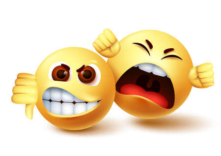 Smiley emoji angry characters vector design. Emoji smiley of mad and shouting disagreement with thumbs down hand gesture. Vector illustration.のイラスト素材