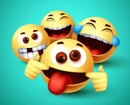 Emoji smiley funny friends taking selfie vector characters. Smiley emoji of friendship emoticon in happy smiling, silly, funny and crazy facial expression in green background. Vector illustration.のイラスト素材