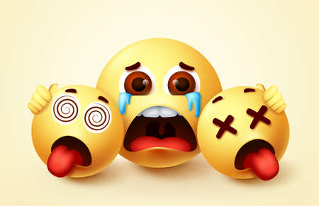 Smiley emoji hopeless crying character vector design. Emoji smiley of parent and children emoticon in sad, tears, hungry and tired facial expression. Vector illustration.のイラスト素材
