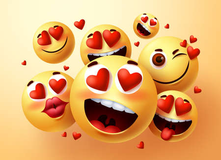 Emoji smiley in love vector creator set. Smiley emojis with hearts and in love face with different facial expression for emoticon design and symbol element. Vector illustrationのイラスト素材