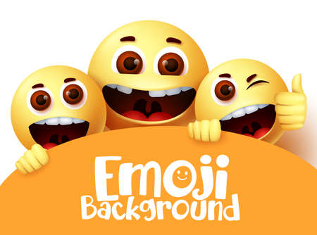 Emoji smiley vector text background design. Emoticon emojis characters in happy and fun facial expression with space for text in white background. Vector illustrationのイラスト素材