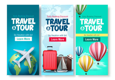 Travel and tour poster set vector background design. Travel and tour early booking discount with traveling  elements for tourism online promotional purposes. Vector illustration.のイラスト素材