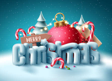 Christmas 3d text vector concept design. Merry christmas greeting typography with miniature decoration in snow winter background for xmas holiday season. Vector illustrationのイラスト素材