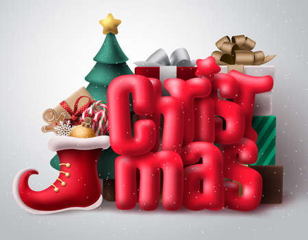 Christmas 3d text vector concept design. Christmas red typography with realistic xmas decoration like shoes, gifts and christmas tree in white snow background. Vector illustrationのイラスト素材