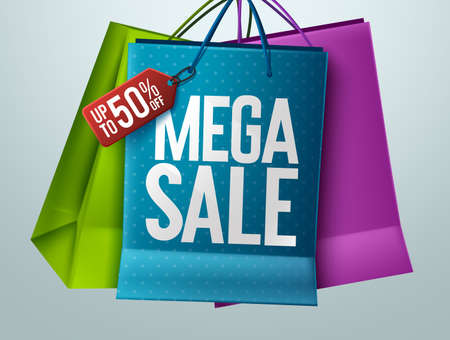 Mega sale vector banner concept design. Mega sale text with 50% off price tag in paper bag elements for shopping discount offer advertisement and promotion. Vector illustration.のイラスト素材