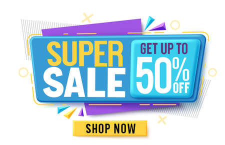 Super sale vector banner design. 50% off sale text in tags with shop now icon element and abstract background for promotion discount advertisement. Vector illustration.のイラスト素材