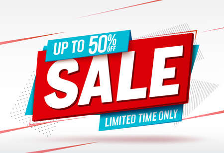 Sale vector banner design. Sale with up to 50% off  text in label tags element for limited time discount promotion offer. Vector illustration.のイラスト素材