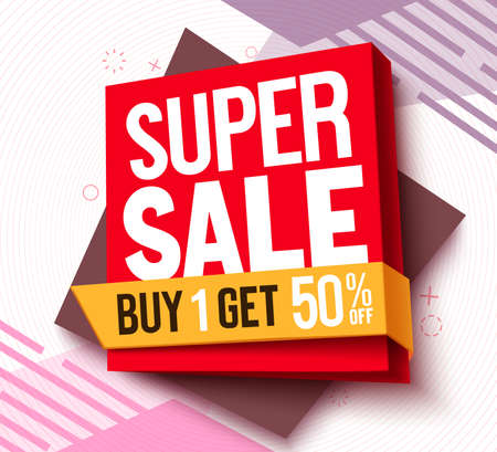 Super sale vector banner design. Buy 1 get 50% off text on shopping deal offer in 3d background for limited promo advertisement. Vector illustration.のイラスト素材