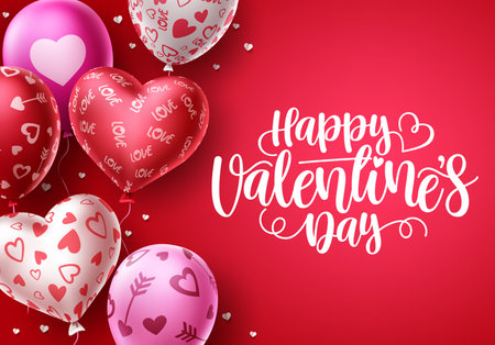 Happy valentines day heart balloons vector background.  Valentine's day greeting text with heart shape and pattern balloon elements in red background. Vector illustration.のイラスト素材