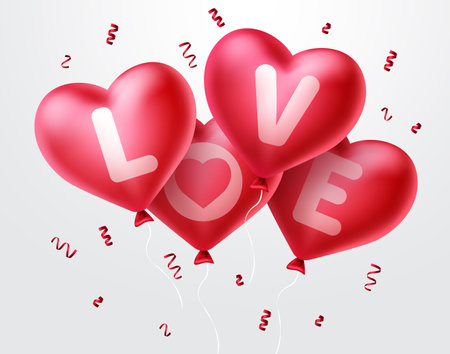 Love heart balloons for valentine's day. Bunch of red heart balloons flying with confetti elements in white background. Vector illustration.のイラスト素材