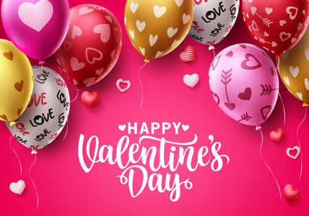 Happy valentines day vector background design. Valentine's day balloons with colorful heart patterns and greeting text for holiday and birthday celebration. Vector illustration.のイラスト素材