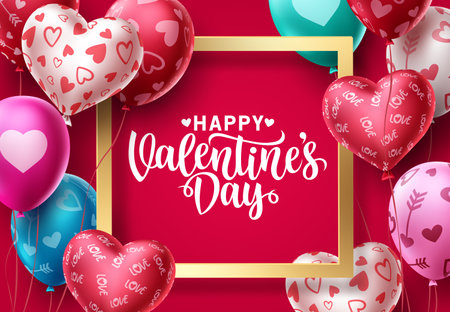 Valentines day balloons vector background design. Happy valentines day greeting text in gold frame with colorful balloon patterns and heart elements in red background. Vector Illustration.のイラスト素材
