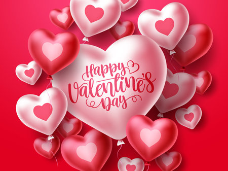Happy valentines day vector heart design. Valentine's day greeting typography in heart shape balloon elements floating in red background. Vector illustrationのイラスト素材
