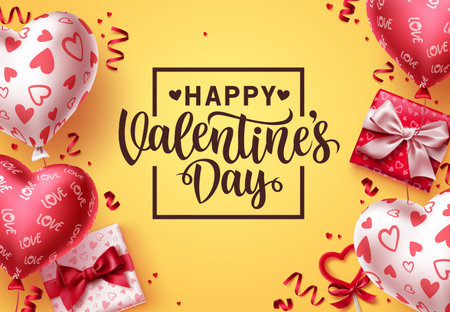 Valentines day vector background. Happy valentines day greeting text with colorful balloon heart patterns, gifts and confetti elements in yellow background. Vector Illustration.のイラスト素材