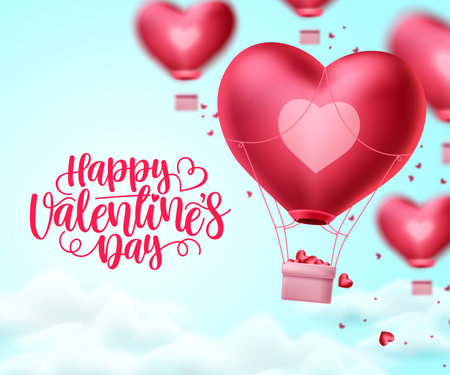 Happy valentines day heart balloon vector design. Valentines day greeting text with heart air balloon elements flying in blurred blue sky background. Vector Illustration.のイラスト素材