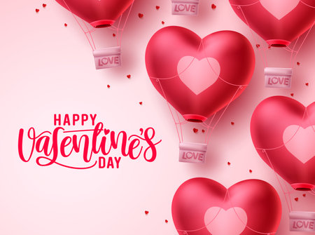 Happy valentines day heart balloon vector background. Valentines day greeting text with flying heart air balloon elements in white background. Vector Illustration.のイラスト素材