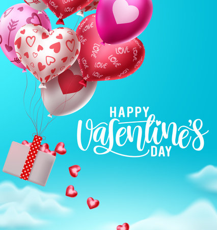 Happy valentines day balloons with falling hearts vector design. Valentines day greeting text with flying colorful air balloon pattern elements in blue sky background. Vector Illustration.のイラスト素材