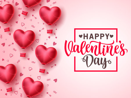 Happy valentines day vector template design. Valentines day greeting text typography in white space with heart air balloon elements in pattern background. Vector Illustration.のイラスト素材