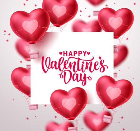 Valentines day heart balloons vector background. Happy valentines day greeting text in white space with flying heart air balloon elements in blurred background. Vector Illustration.のイラスト素材